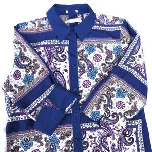 Chicos Blouse Shirt Paisley Window Pane Flip Cuffs Cotton Blue Purple
